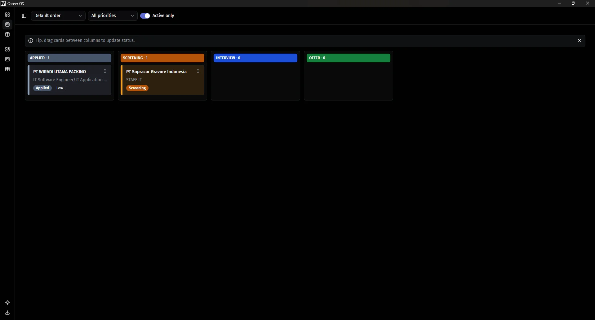 Career OS Kanban board — job applications as drag-and-drop cards across pipeline-stage columns, each scrolling independently