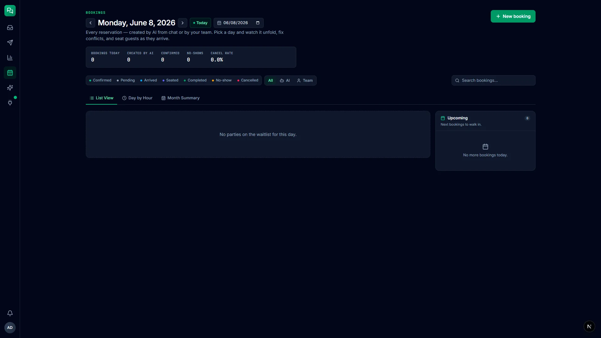 Channelflow Booking Management — day timeline view with booking blocks, AI-created vs team-created indicators, conflict detection, and an upcoming reservations panel