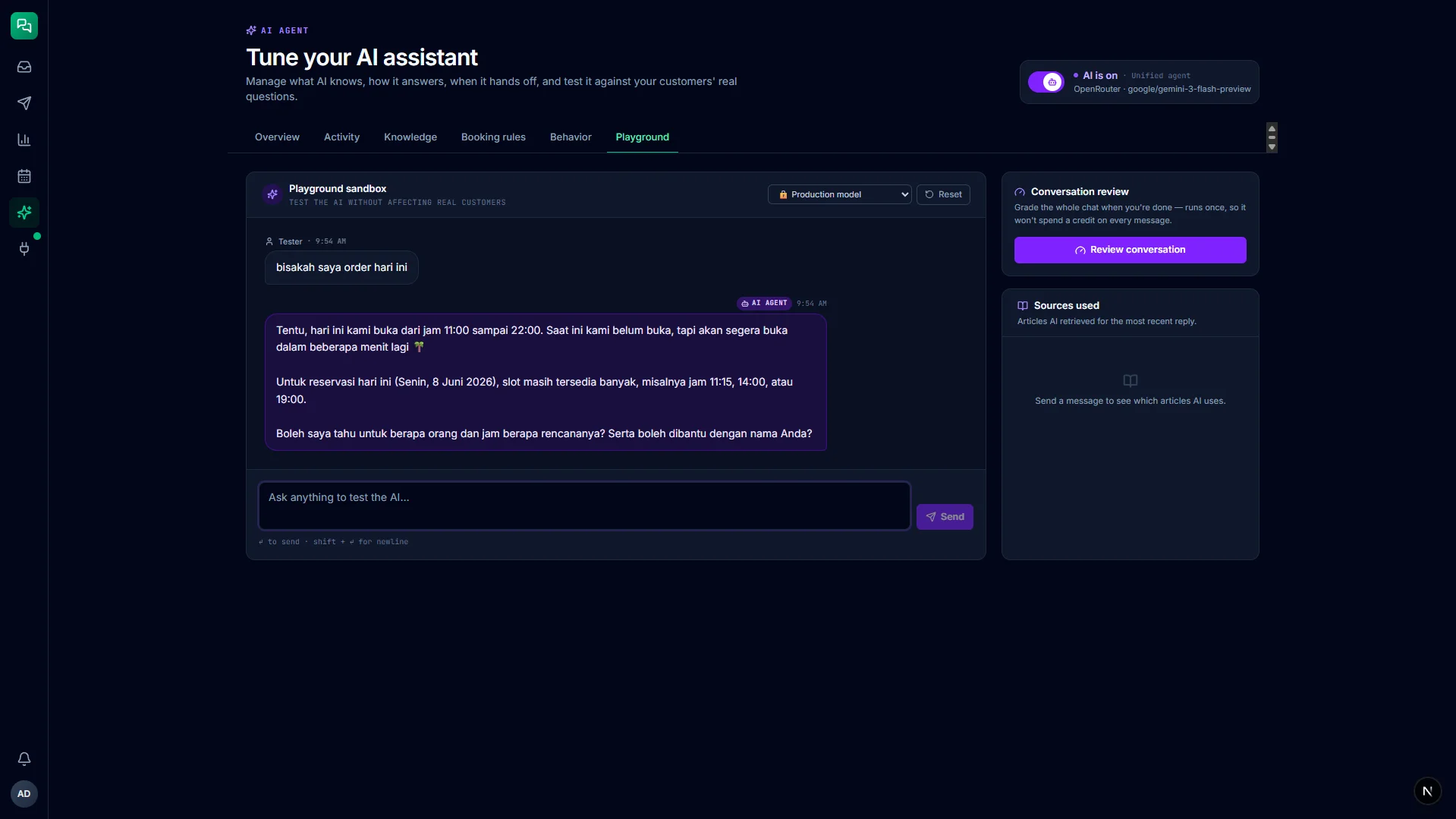 Channelflow AI Agent Configuration — master on/off toggle, knowledge base with article indexing status, booking rules, confidence threshold slider, and playground tab