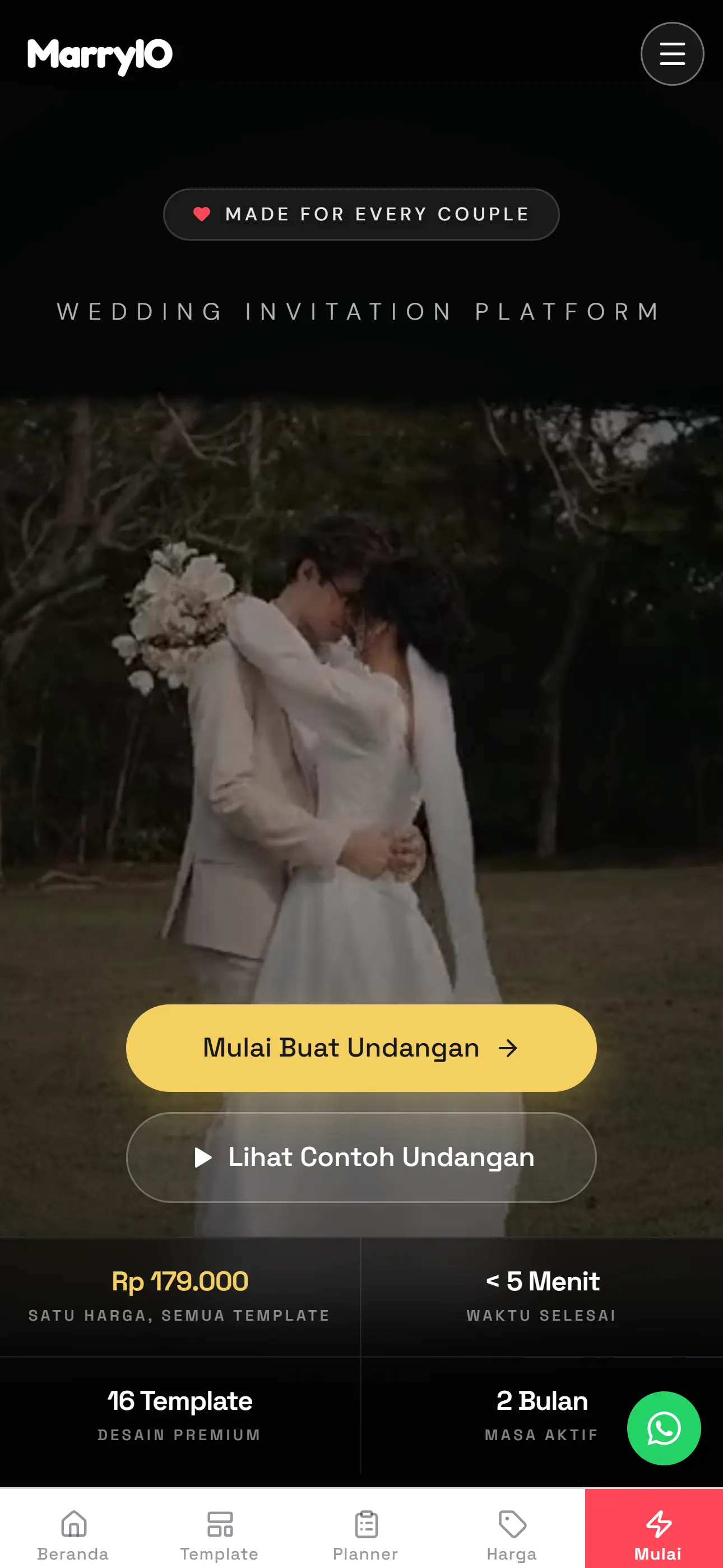Marryio — Indonesian wedding invitation SaaS, mobile view