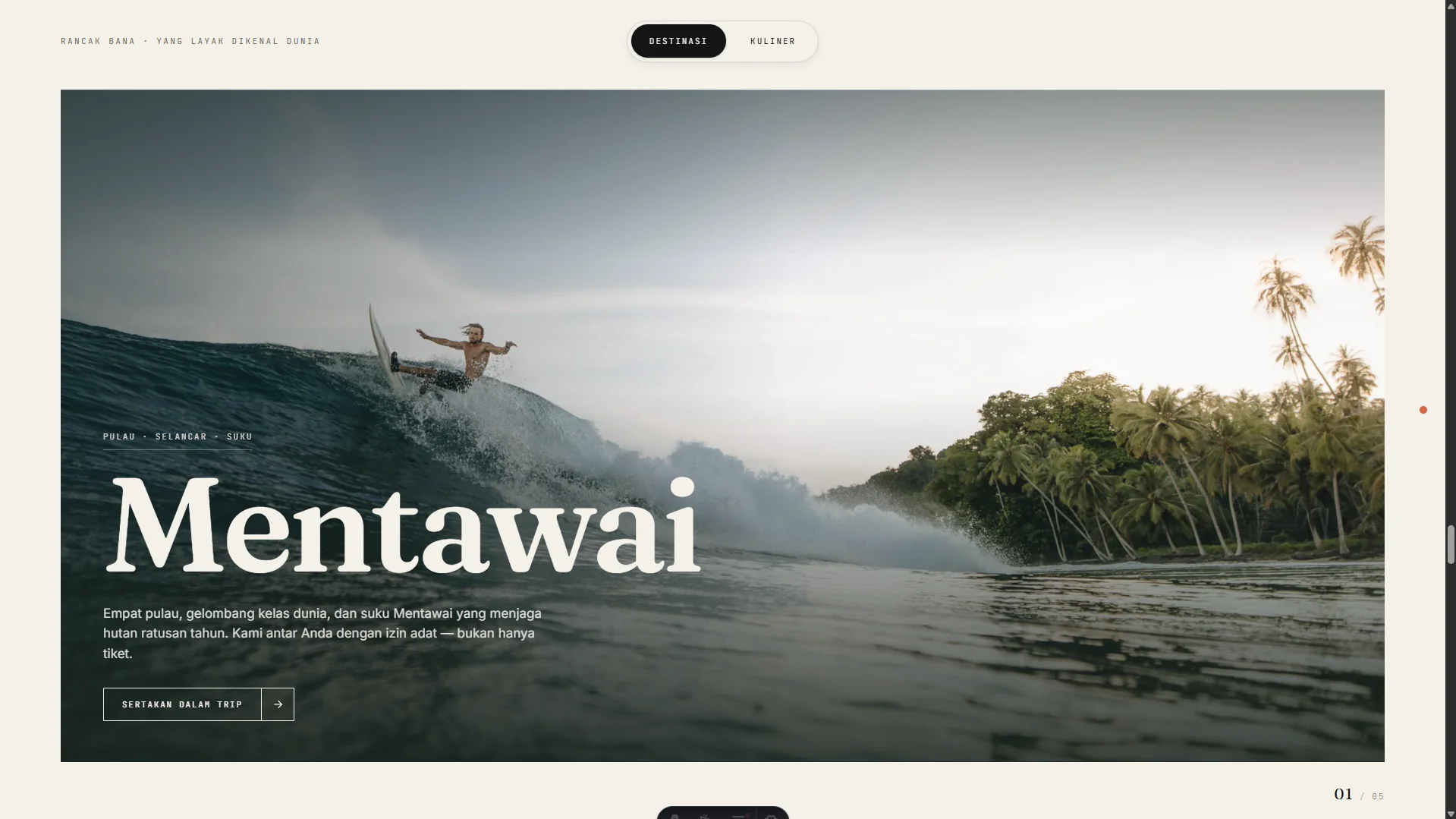 Rancak Bana Packages section — three photo-first tour cards (Highlands Heritage, Pesisir Mentawai, Solo Hopper) at 4:5 ratio with floating chrome badges, transparent pricing, 'Paling Populer' label, and a WhatsApp CTA per card