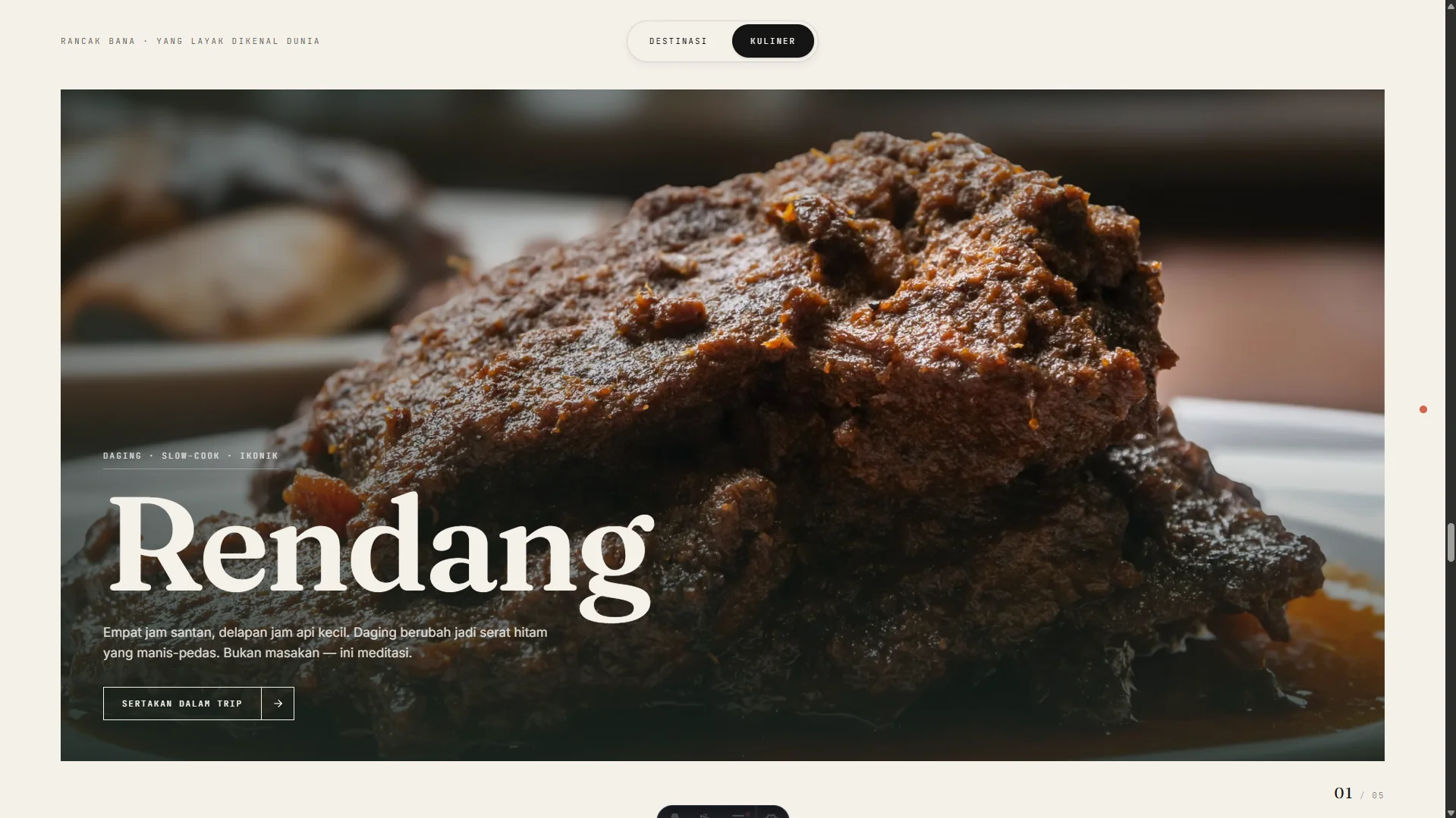 Rancak Bana Destinations + Kuliner section — six destination cards (Mentawai, Harau, Maninjau, Bukittinggi, Sawahlunto, Pagaruyung) and eight curated kuliner spots revealing under a pinned-scrub scroll timeline, each card linking to GMaps